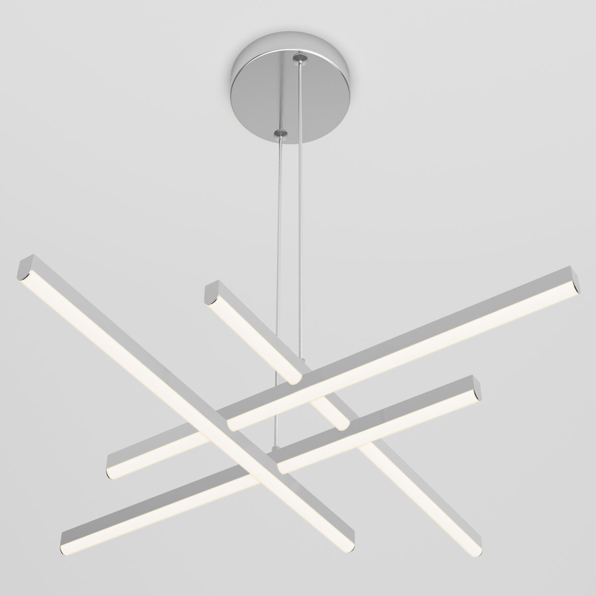 The Artika Grid modern LED pendant light 5 CCT features four intersecting horizontal light bars suspended from a round ceiling mount by thin cables, shown against a white background.