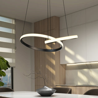 Modern dining room with Artika Mora 28″ LED Pendant, 5CCT, above a white table for adjustable light and minimalist style.