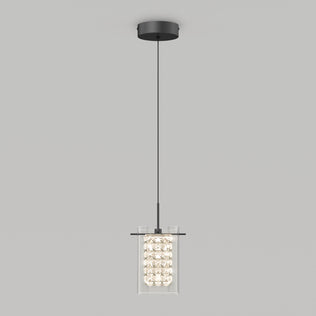 The Artika Crystal Cube 1-light LED pendant light features a black ceiling mount and cord, a cylindrical glass shade with clustered crystal-like elements, shown against a plain light gray background.