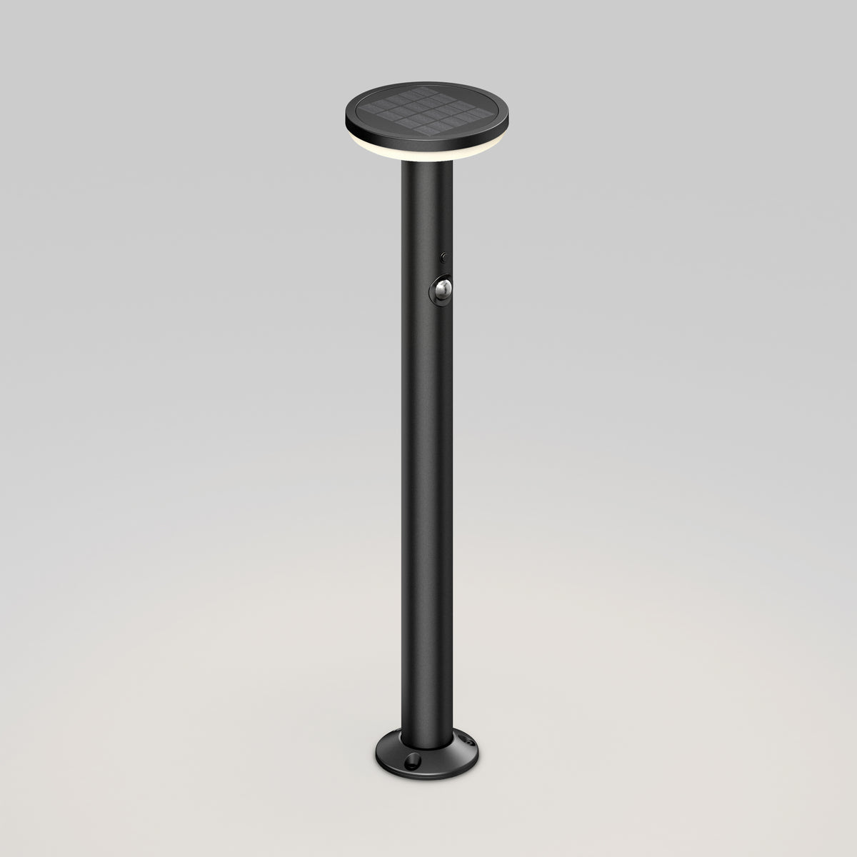 Artika Urbia Solar LED Bollard: Tall, black, cylindrical light with motion sensor and round top on a plain background.