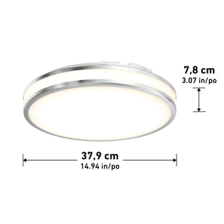 Artika Hemisphere 15 in. (38 cm) LED ceiling light, 5 CCT, flush mount, metal trim, adjustable brightness, size shown in cm/in.