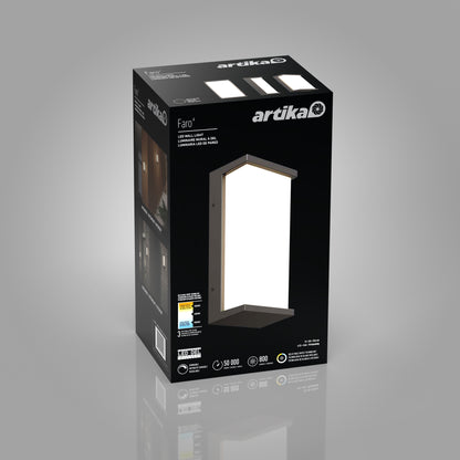 A black rectangular box for the Artika Faro modern LED indoor-outdoor wall light 3 CCT displays a fixture image, product details, energy rating, and specs on a gray background.