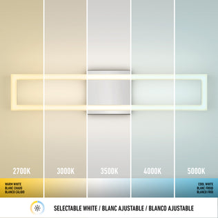 The Artika Dover modern LED bathroom vanity light 5 CCT features a rectangular design with five panels for color temperatures: 2700K (warm), 3000K, 3500K, 4000K, and 5000K (cool), plus multilingual labels and a selectable white icon below.