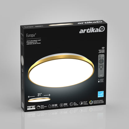 A black and gold box for the Artika Europa 21 in. LED modern flush mount light with remote, showing a photo of the round fixture, its size, product features, certifications, and the included remote control.