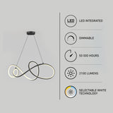Modern black and white LED pendant light with a flowing loop design. Features listed: LED integrated, dimmable, 50,000 hours lifespan, 2100 lumens, and selectable white technology. Gray background.