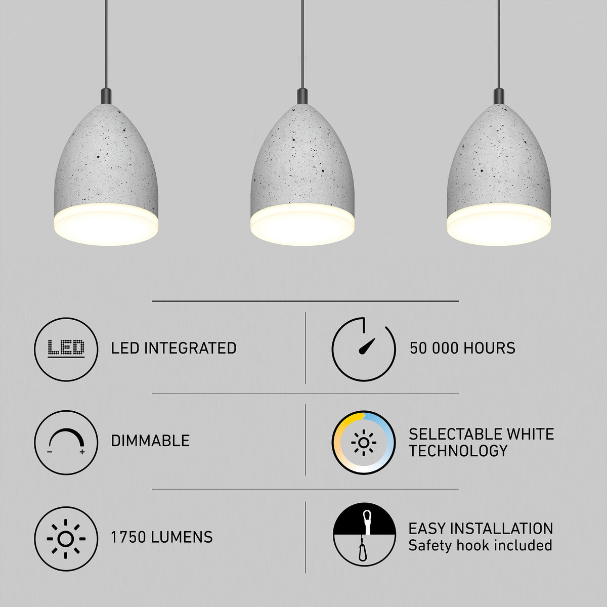 Three modern pendant lights hanging above icons and text highlighting features: LED integrated, 50,000 hours lifespan, dimmable, selectable white technology, 1750 lumens, and easy installation with safety hook.