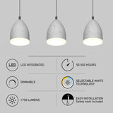 Three modern pendant lights hanging above icons and text highlighting features: LED integrated, 50,000 hours lifespan, dimmable, selectable white technology, 1750 lumens, and easy installation with safety hook.