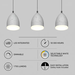 Artika’s Bergen 3-light LED pendant showcases icons and text for features like integrated LEDs, 50,000-hour lifespan, dimmable selectable white technology, 1750 lumens brightness, and easy installation with a safety hook.