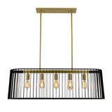 A modern rectangular chandelier with a gold frame, two gold rods, and five exposed light bulbs surrounded by a black metal cage-like design.
