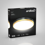 A black Artika Kent LED ceiling light box features a large image of the round light with a gold rim, product details, and icons for lifespan, brightness, and dimmable features.