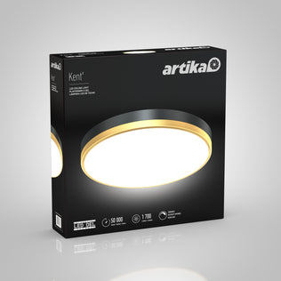A black Artika box displays the Kent LED flush mount light, showcasing a round, modern ceiling fixture with a gold rim, its brightness, and main specifications featured on the packaging.