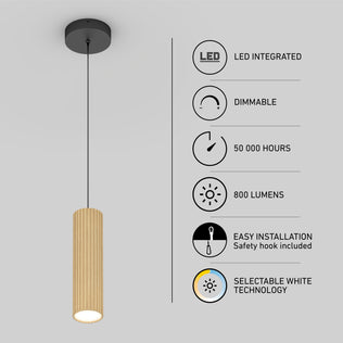 The Groove LED modern pendant light by Artika features a cylindrical, textured wood finish shade, 800 lumens, 50,000-hour lifespan, selectable white technology (3 CCT), is dimmable, has integrated LEDs, and installs easily—perfect for kitchen islands.