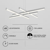 A modern, geometric LED chandelier is shown above four icons with text: LED Integrated, 1700 Lumens, Dimmable, Easy Installation (safety hook included), and 50,000 hours. The background is light gray.