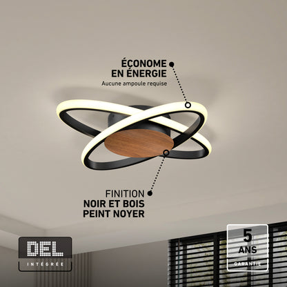 Artika Atomic 15 in. Modern LED Flush Mount Ceiling Light with two intersecting black rings and a wood-grain center, featuring 5 CCT efficiency.