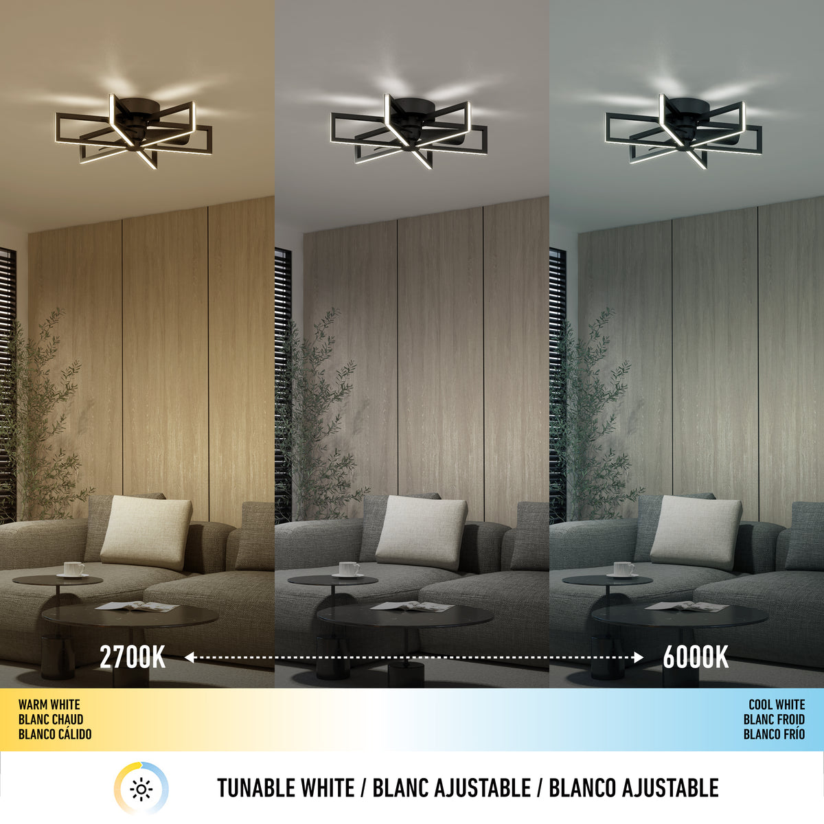 A living room under a modern ceiling light shows three lighting settings: warm white (2700K), neutral, and cool white (6000K). The left side glows warm, the middle is neutral, and the right side displays cool lighting.