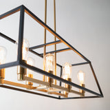 A modern rectangular chandelier with six exposed Edison bulbs, gold and black metal frame, and two ceiling rods, hanging against a plain light-colored wall.