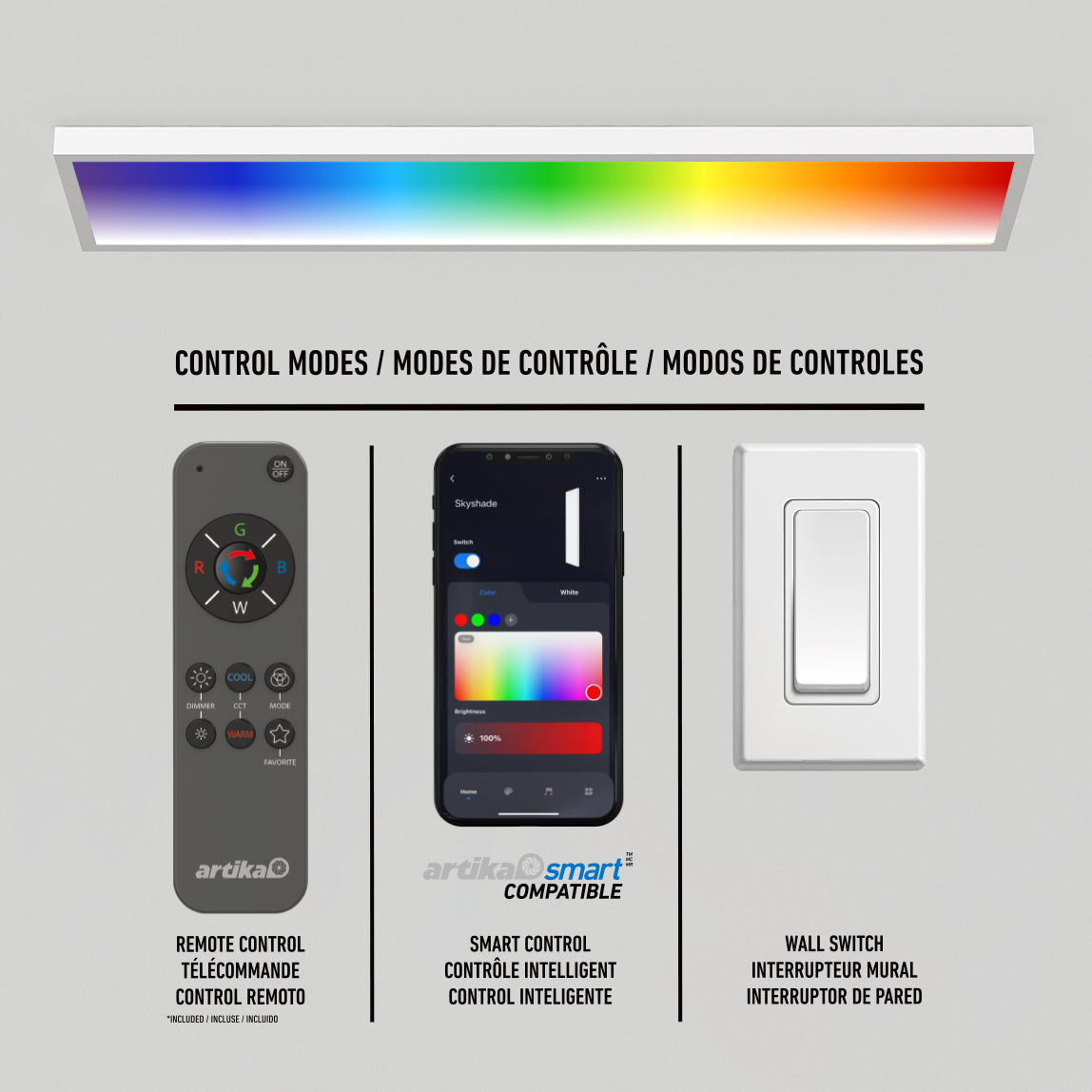 The Artika Skyshade smart RGB LED light panel offers a rainbow display with remote, app, or switch control—ideal for workshops.
