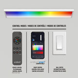 A rectangular LED smart light displaying a rainbow gradient is above three control options: a remote control, a smartphone with a color selection app, and a wall switch. Text describes the control modes in three languages.