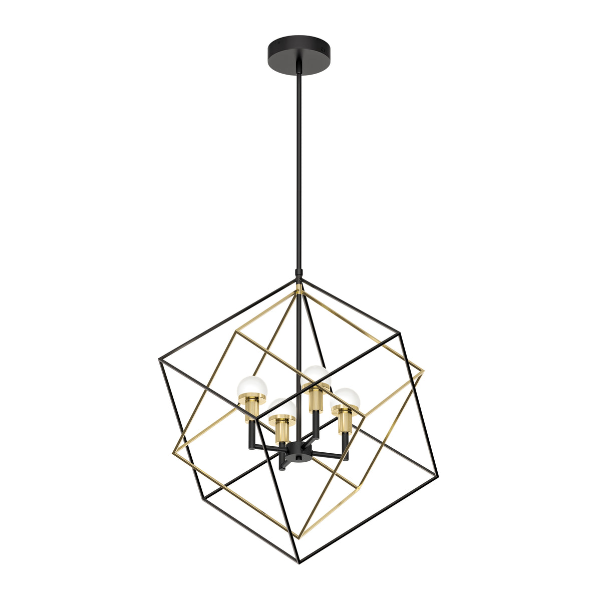 Modern chandelier with four exposed bulbs, suspended from a black rod, enclosed in intersecting black and gold geometric cube frames, creating a stylish and contemporary lighting fixture.