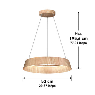 The Artika Tallis LED pendant light 5 CCT features a wooden design with three wires, measuring 53 cm (20.87 in) in diameter and a max hanging length of 195.6 cm (77.01 in), displayed against a white background.