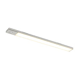 A slim, rectangular LED light fixture with a silver frame and a frosted white cover, designed for mounting on ceilings or under cabinets.