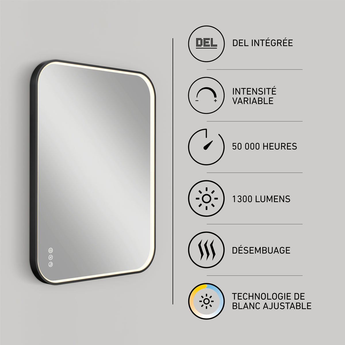 The Artika Royce Dimmable LED Mirror features built-in lights, 3 adjustable color temperatures, 1300 lumens, a defogger, up to 50,000 hours of use, and can be mounted horizontally or vertically.