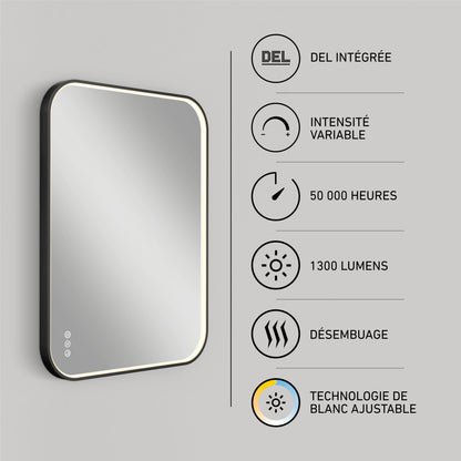 The Artika Royce Dimmable LED Mirror features built-in lights, 3 adjustable color temperatures, 1300 lumens, a defogger, up to 50,000 hours of use, and can be mounted horizontally or vertically.