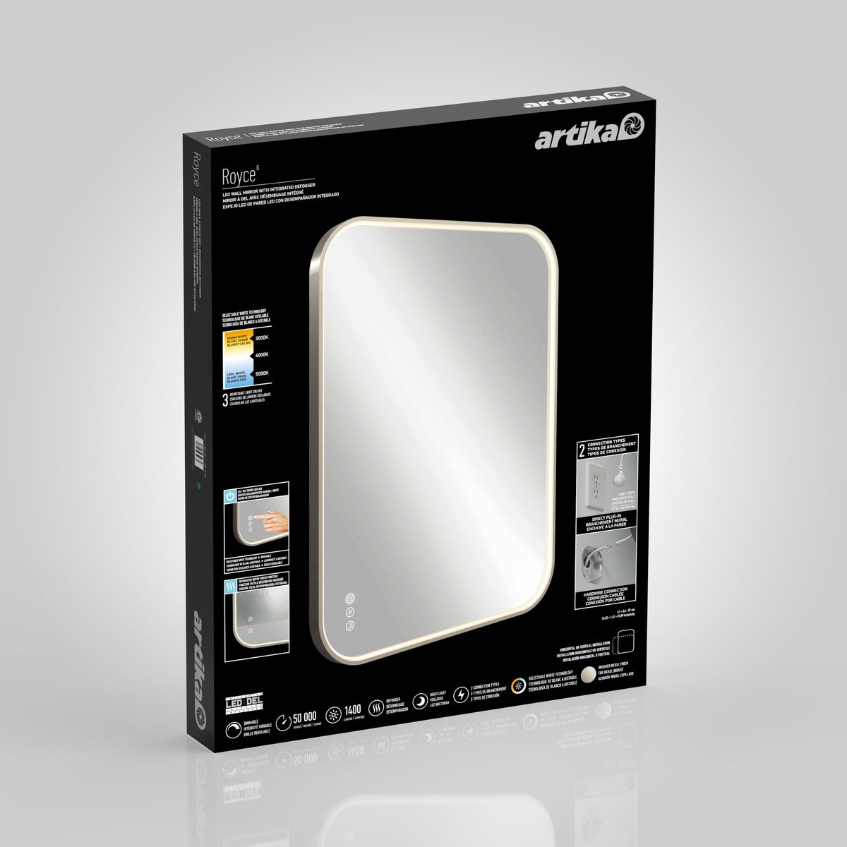 Black retail box for the Artika Royce Dimmable LED Mirror (3 CCT), showing illuminated edges, touch controls, built-in defogger; includes product features and installation instructions. Can be mounted horizontally or vertically.