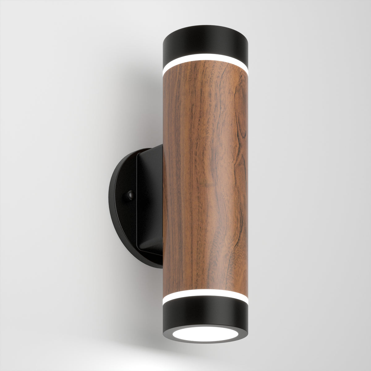 The Artika C7 indoor-outdoor LED wall light 3 CCT features a modern cylindrical wooden body with black end caps and wall mount, emitting light from both top and bottom edges against a white background.