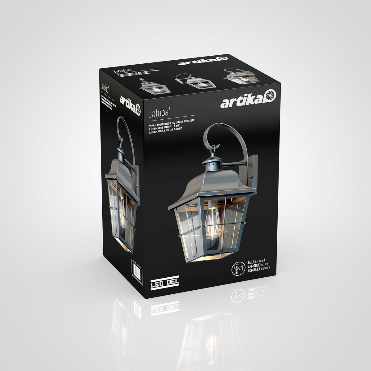 A black box with images of a rustic-style exterior wall lantern by Artika, named “Jatoba,” featuring a hanging metal and glass fixture and product details in English and French.