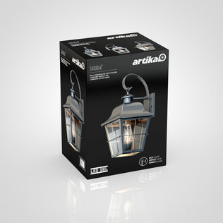 A black box features Artika’s Jatoba outdoor lantern wall light. The packaging displays product images and details on a gray background.