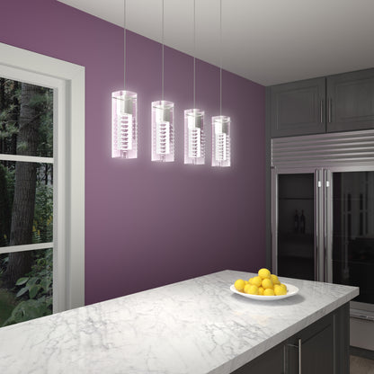 A modern kitchen with purple walls, a marble island topped with a bowl of lemons, Artikas Hologram 4-light LED pendant overhead, gray cabinets, and a large window revealing trees outside.