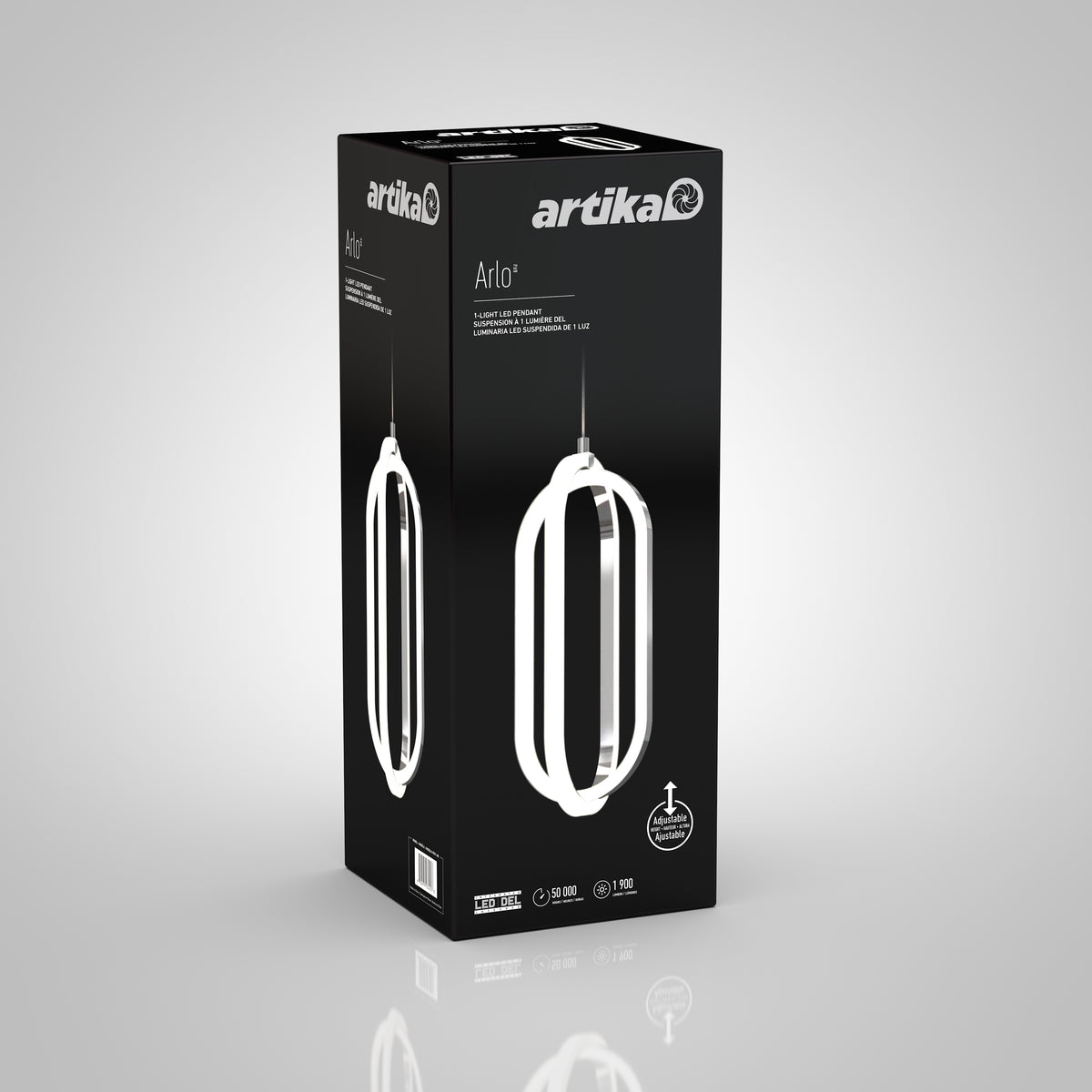 A black product box displays the Artika Arlo LED pendant light with a large image of the light fixture, featuring a modern oval design, and white branding and product details on the front and sides.
