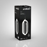 A black product box displays the Artika Arlo LED pendant light with a large image of the light fixture, featuring a modern oval design, and white branding and product details on the front and sides.