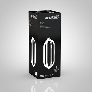 A black box with white accents displays the packaging for the Artika Arlo 1-light LED pendant, showing an image of the modern light and product details in English and French.