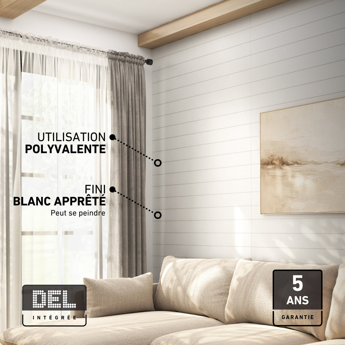 Modern living room with Artika AXEN Shilap 48" ready-to-paint MDF wall panels (12-pack) and a 5-year warranty.