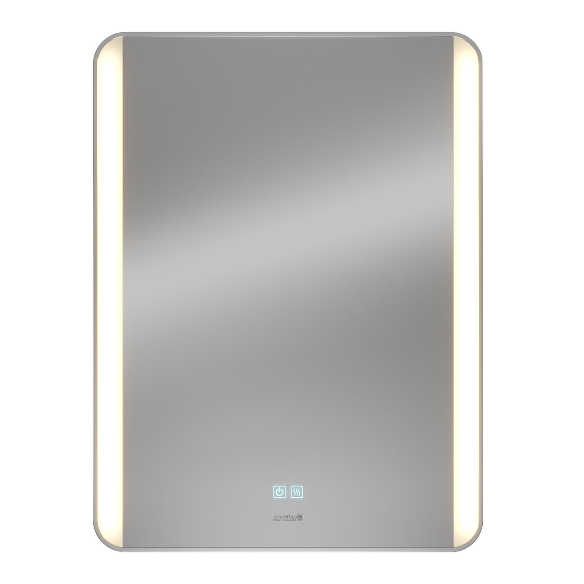 The Artika Onyx dimmable LED mirror 3 CCT is a rectangular, wall-mounted mirror with rounded corners, vertical LED light strips on both sides, and touch control icons at the bottom center.