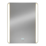 A rectangular wall-mounted mirror with rounded corners features vertical LED light strips on the left and right sides and touch-sensitive icons at the bottom center.