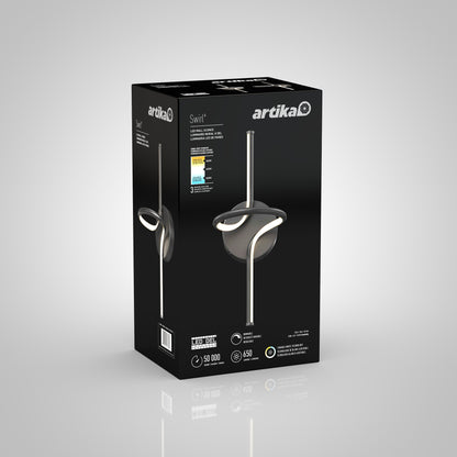 Black box packaging for the Artika Swirl LED Sconce, showcasing images of the sconce, product specifications, and branding on a white gradient background.