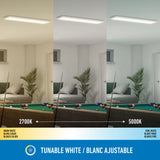 A living room with a pool table is shown under three lighting conditions: warm white (left, 2700K), neutral (middle), and cool white (right, 5000K). Text reads Tunable White / Blanc Ajustable.