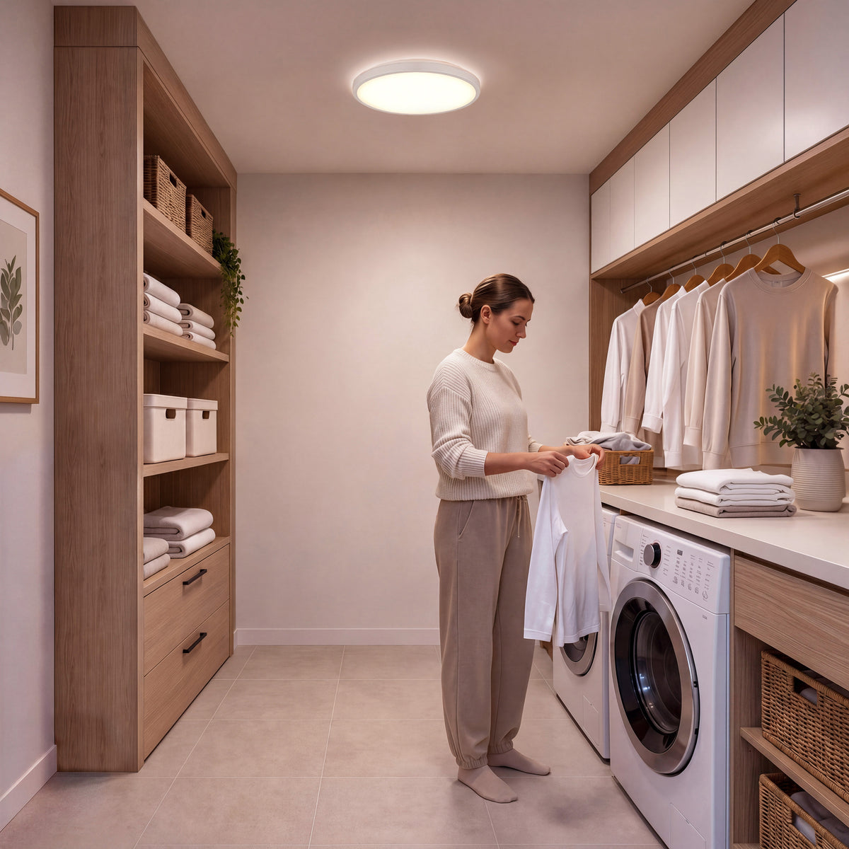 A woman folds laundry in a modern room illuminated by the Artika Isara 12 in. RGBIC LED Flush Mount Interchangeable Trim.