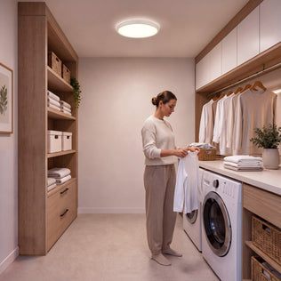 A woman folds laundry in a modern room illuminated by the Artika Isara 12 in. RGBIC LED Flush Mount Interchangeable Trim.