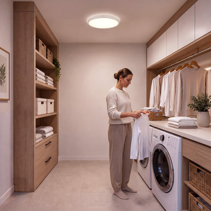 A woman folds laundry in a modern room illuminated by the Artika Isara 12 in. RGBIC LED Flush Mount Interchangeable Trim.