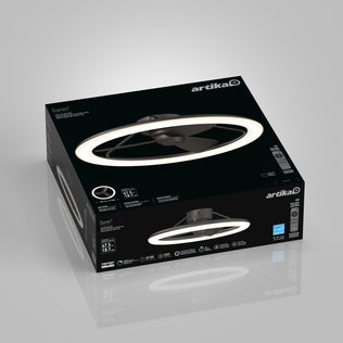 Artika Darren 23 in. LED modern fandelier ceiling fan with light, in a black box, displayed on a gray background.