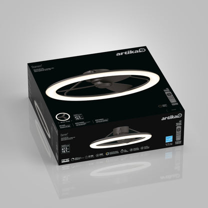 A black box displays the Artika Darren 23 in. LED modern ceiling fan with remote, highlighting product details and features on the packaging against a gray background.