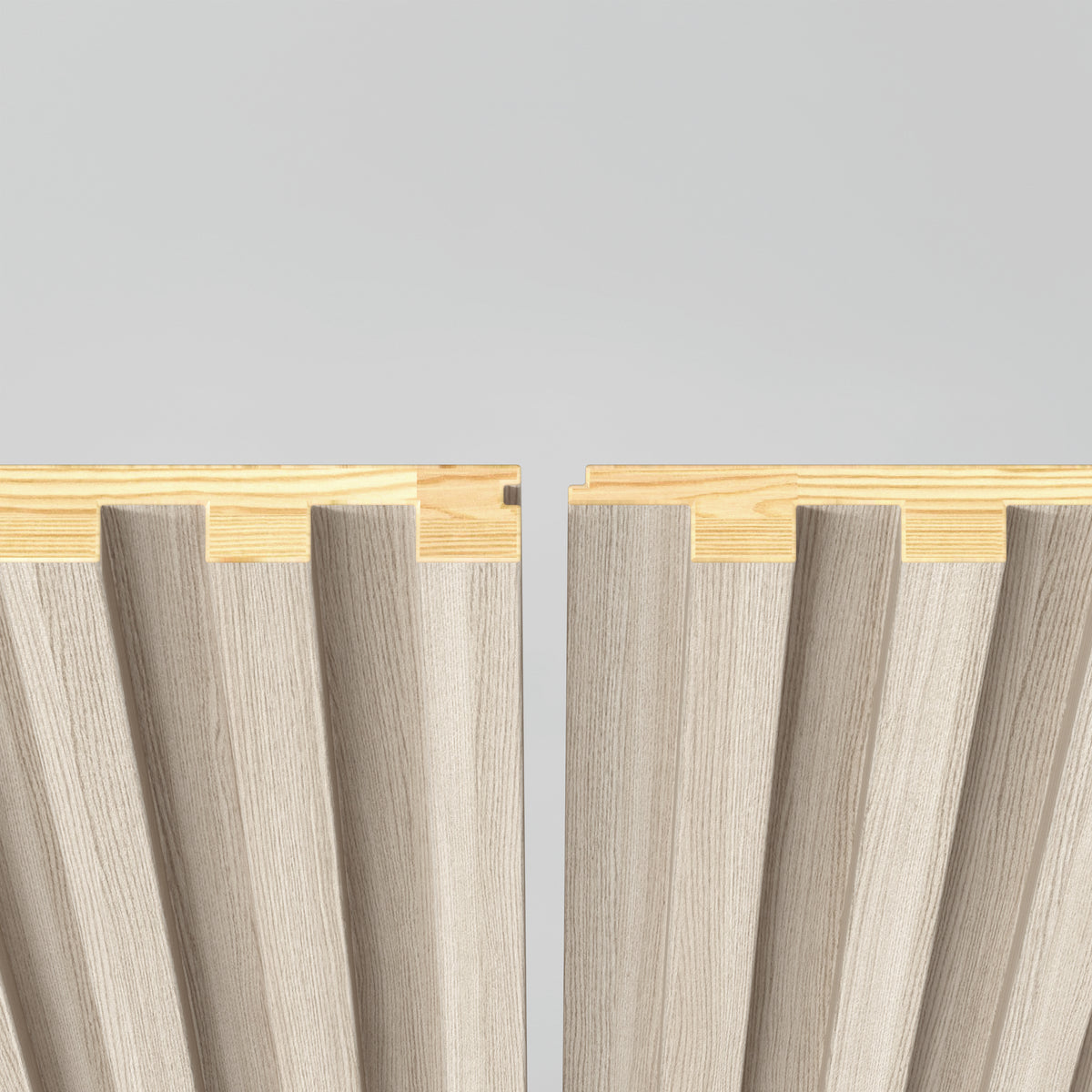 Two Artika Panolok 30.67 ft wall panel kit sections in beige feature wood-paneled, wavy grooved surfaces and interlocking edges, displayed side by side on a light gray background with natural wood tops.