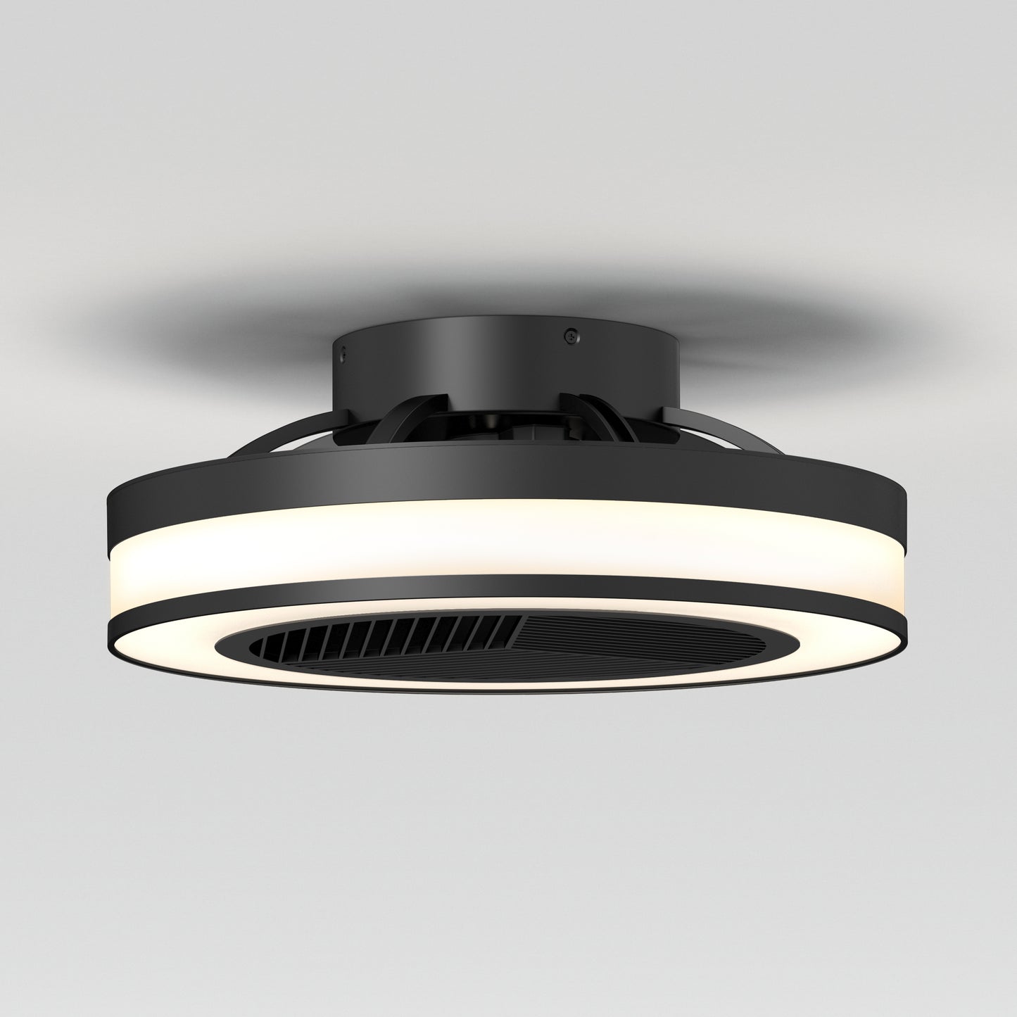 The Artika Elton 19.4 in. LED modern ceiling fan features a sleek circular design, matte black finish, integrated LED light ring, and comes with 3 speeds and remote control—perfect for minimalist white ceilings.