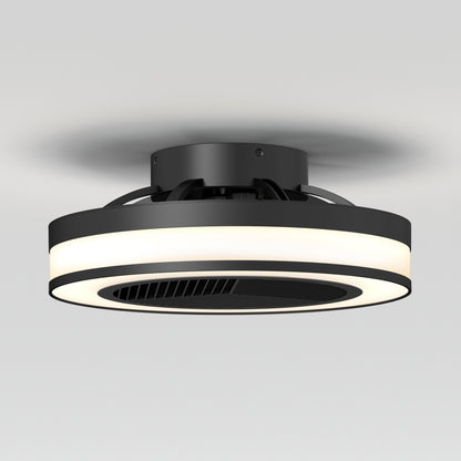 The Artika Elton 19.4 in. LED modern ceiling fan features a sleek circular design, matte black finish, integrated LED light ring, and comes with 3 speeds and remote control—perfect for minimalist white ceilings.