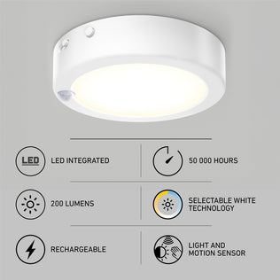 The Accent under cabinet LED light 3CCT by Artika is shown above four icons with text: LED integrated, 50,000-hour lifespan, 200 lumens output, selectable white technology, rechargeable, and features light/motion sensors.