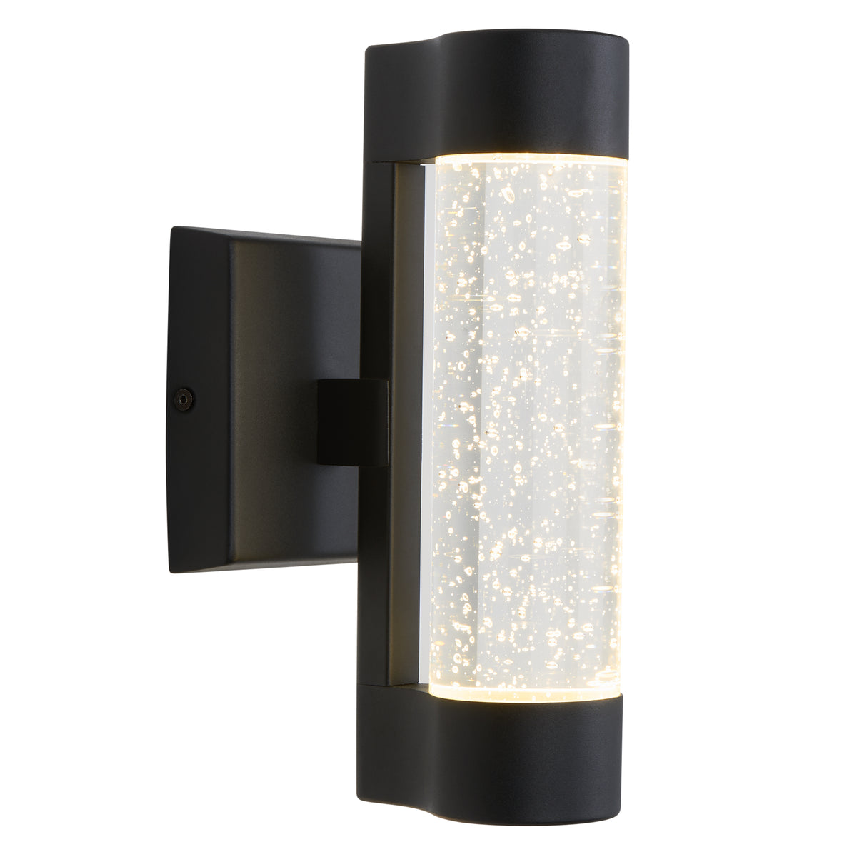 A modern black wall sconce with a cylindrical clear glass shade featuring bubble-like details, illuminated with warm white light, mounted on a square backplate.